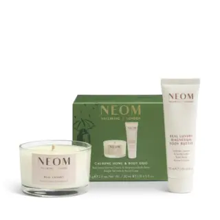 NEOM Calming Home & Body Duo with candle and body butter in green packaging.