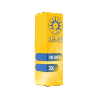 Yellow Helios Homoeopathy box labelled "Nux Vomica 30c" with a sun logo.