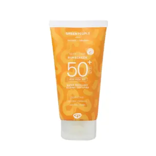Orange tube of scent-free SPF 50+ sunscreen, water repellent, allergy certified.