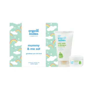 Organic Babies Mummy & Me set with baby wash and rescue balm, rainbow packaging.