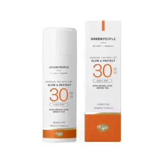 Green People SPF 30 gradual tan bottle and box, hyaluronic acid, green tea, organic formula.
