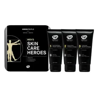 Men's skincare set with face scrub, wash, and moisturiser by Green People.