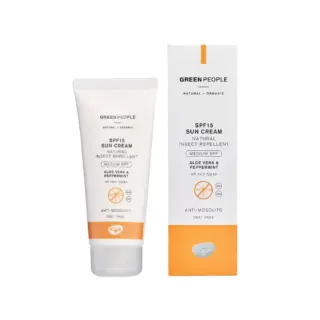Green People SPF15 sun cream with insect repellent, aloe vera, peppermint, DEET free, 150ml tube.