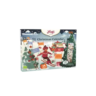 Yogi Organic Christmas Calendar with skier, trees, and 24 tea bags.