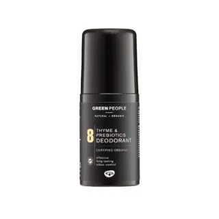 Green People Thyme & Prebiotics Deodorant, certified organic, black bottle.