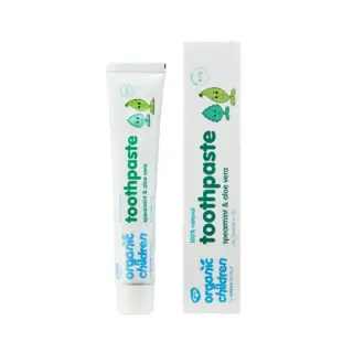 Organic children's toothpaste, spearmint and aloe vera, tube and box with fish illustrations.