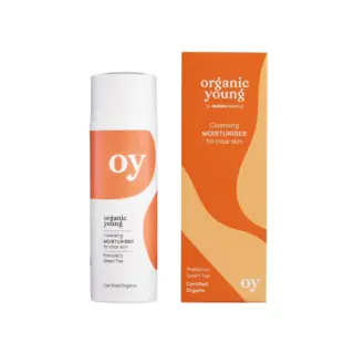 Organic Young Cleansing Moisturiser bottle and box, orange and white design.