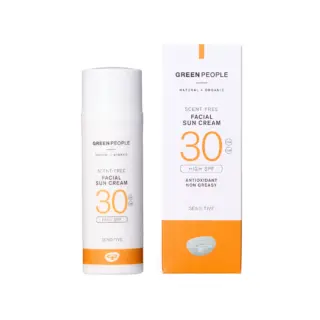 Green People scent-free facial sun cream SPF 30 bottle and box.