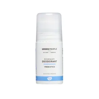 Green People rosemary deodorant with prebiotics, certified organic, in a white and blue container.