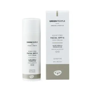 Green People scent-free facial SPF15 sun cream with aloe vera and prebiotics, 66% organic.