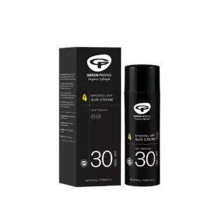 Green People Sports+ SPF 30 Sun Cream, 82% organic, black bottle and box.
