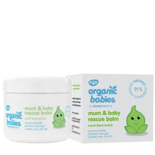 Mum & baby rescue balm jar and box, scent-free, eczema-friendly, 91% organic ingredients.