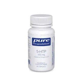 White bottle of Pure Encapsulations 5-HTP, 100 mg, 60 capsules.