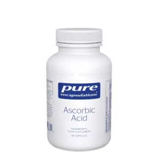 White bottle of Pure Encapsulations Ascorbic Acid, 90 capsules, with label details.