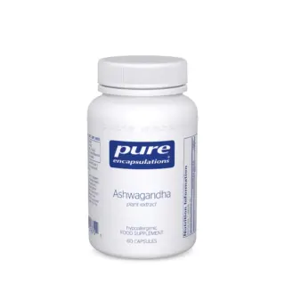 Pure Encapsulations Ashwagandha supplement bottle, 60 capsules, white with blue label.