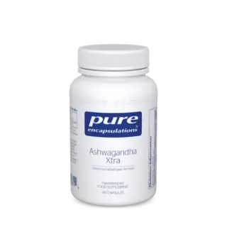 White bottle of Pure Encapsulations Ashwagandha Xtra, 60 capsules, advanced adaptogen formula.