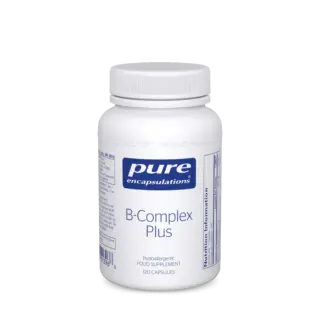 White bottle of Pure Encapsulations B-Complex Plus, 120 capsules, with label details.