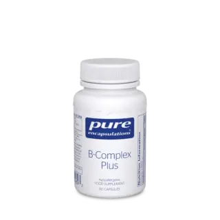 White bottle of Pure Encapsulations B-Complex Plus, 60 capsules, hypoallergenic supplement.