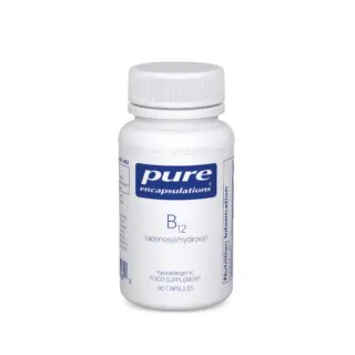 Pure Encapsulations B12 supplement bottle, 90 capsules, hypoallergenic.