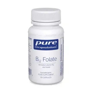 White bottle of Pure Encapsulations B12 Folate, 60 capsules, hypoallergenic supplement.