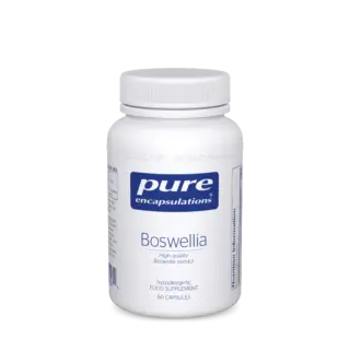 White bottle of Pure Encapsulations Boswellia, 60 capsules, hypoallergenic food supplement.