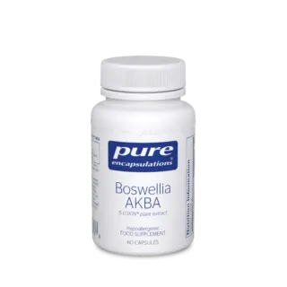 White bottle of Pure Encapsulations Boswellia AKBA, 60 capsules, hypoallergenic supplement.