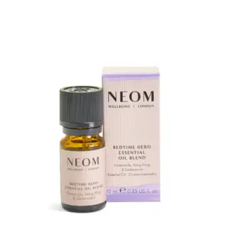 Neom Bedtime Hero essential oil blend, 10ml bottle and box. Chamomile, Ylang Ylang, Cedarwood.