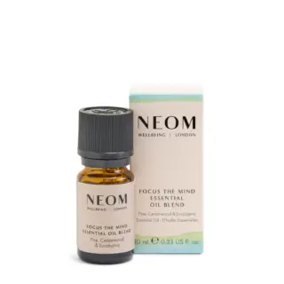 NEOM Focus the Mind essential oil blend, 10ml bottle and box. Pine, Cedarwood, Eucalyptus.