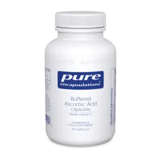 White bottle of Pure Encapsulations Buffered Ascorbic Acid capsules, 90 count.