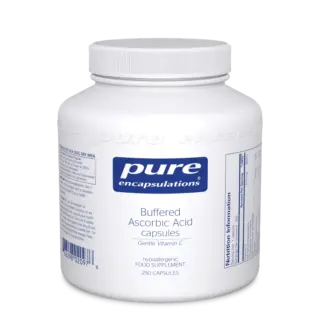 White bottle of Pure Encapsulations Buffered Ascorbic Acid capsules, 250 count.