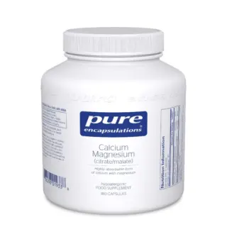 White bottle of Pure Encapsulations Calcium Magnesium, 180 capsules, with nutrition info.