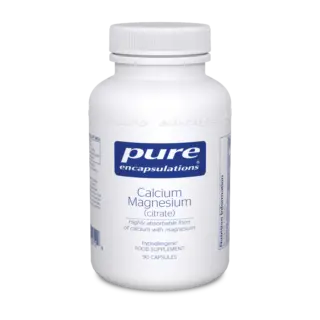 White bottle of Pure Encapsulations Calcium Magnesium Citrate, 90 capsules.
