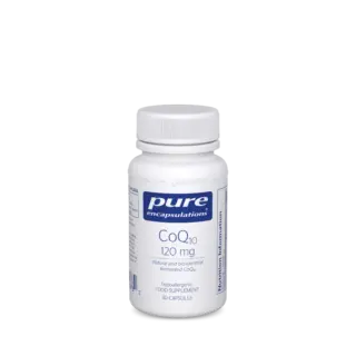 Pure Encapsulations CoQ10 120 mg, 30 capsules, white bottle with blue label.