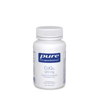 Pure Encapsulations CoQ10 120 mg, 60 capsules, white bottle with blue label.
