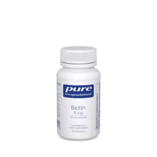 Biotin 8 mg supplement bottle, 60 capsules, for hair and skin.