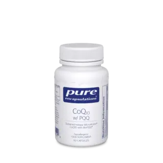White bottle of Pure Encapsulations CoQ10 with PQQ, 60 capsules, hypoallergenic supplement.