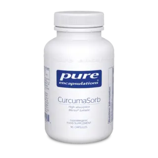 White bottle of Pure Encapsulations CurcumaSorb, 90 capsules, high absorption turmeric supplement.