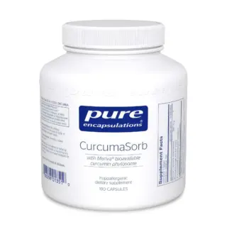 White bottle of Pure Encapsulations CurcumaSorb, 180 capsules, with supplement facts label.