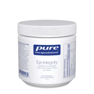 Pure Encapsulations Epi-Integrity supplement jar, 171g, with nutritional information.