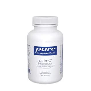 White bottle of Pure Encapsulations Ester-C & flavonoids, 90 capsules.