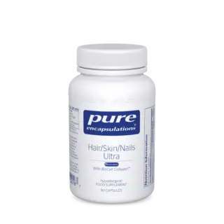 White bottle of Pure Encapsulations Hair/Skin/Nails Ultra, 60 capsules.