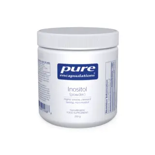 White jar of Pure Encapsulations Inositol powder, 250g, with nutrition information label.