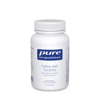 Pure Encapsulations Iodine and Tyrosine supplement, 60 capsules, white bottle.