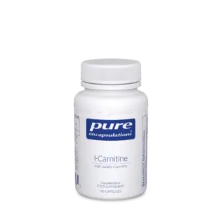 White bottle of Pure Encapsulations L-Carnitine, 60 capsules, hypoallergenic food supplement.