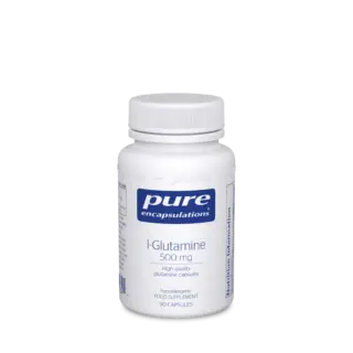 White bottle of Pure Encapsulations L-Glutamine 500 mg, 90 capsules, hypoallergenic supplement.