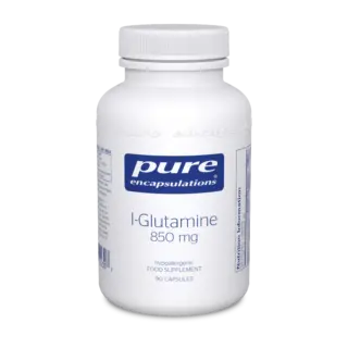Pure Encapsulations L-Glutamine 850 mg, 90 capsules, hypoallergenic food supplement bottle.