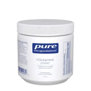White jar of Pure Encapsulations L-Glutamine powder, 227g, with blue label and nutrition info.