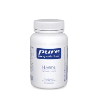 White bottle of Pure Encapsulations L-Lysine, 90 capsules, hypoallergenic food supplement.