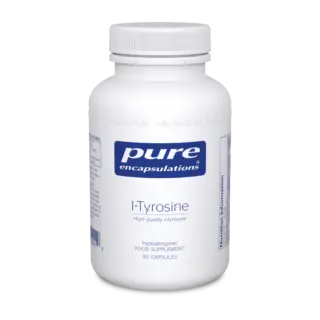 Pure Encapsulations l-Tyrosine supplement bottle, 90 capsules, white with blue label.