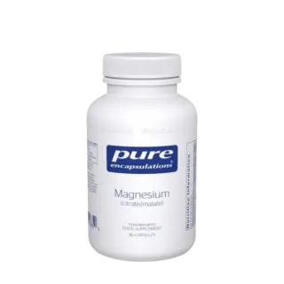 White bottle of Pure Encapsulations Magnesium citrate/malate, 90 capsules.